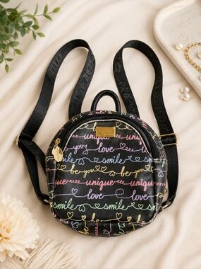 Luv Betsey by Betsey Johnson Mini Backpack Black Multicolor Script Print Convert